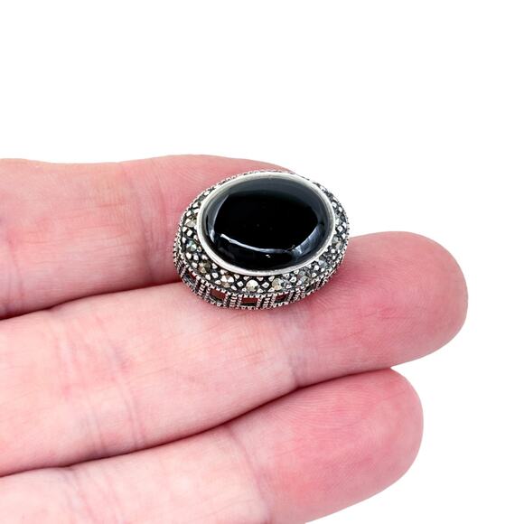 Thailand SU Marcasite Onyx Pendant | Vintage Sterling Silver 925 - Picture 1 of 10